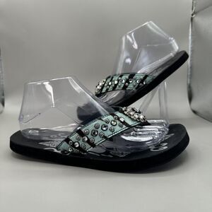Cowgirl Jewels Rhinestone Turquoise Black Leather Flip Flop Sandals Size 8